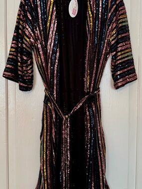 Skies Are Blue Black Sequin Stripe Duster with Multicolor Metallic Stripes